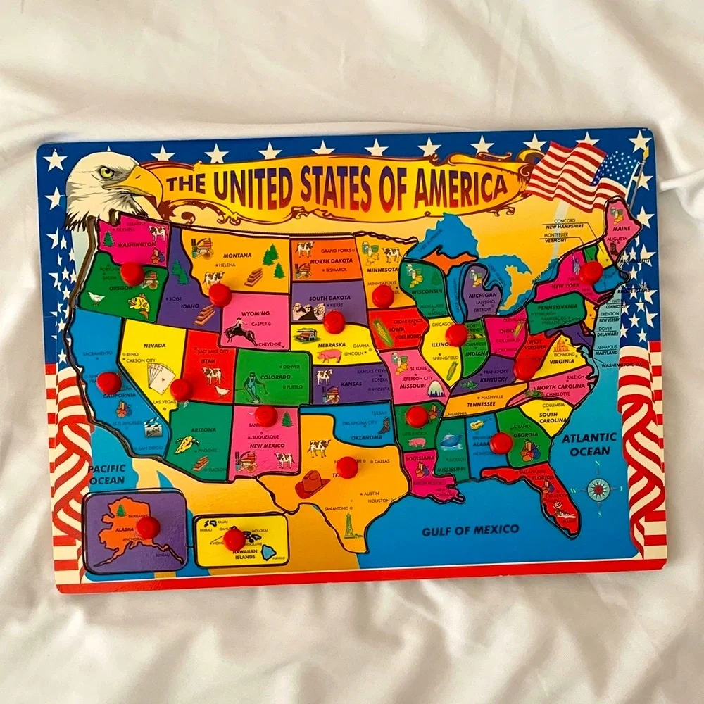 Vintage Kids Colorful USA States Map Educational Chunky Wooden Puzzle